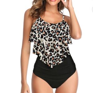 Women’s Leopard Print Orange Black Tankini Swimsuit Bathing Suit 2 piece Small